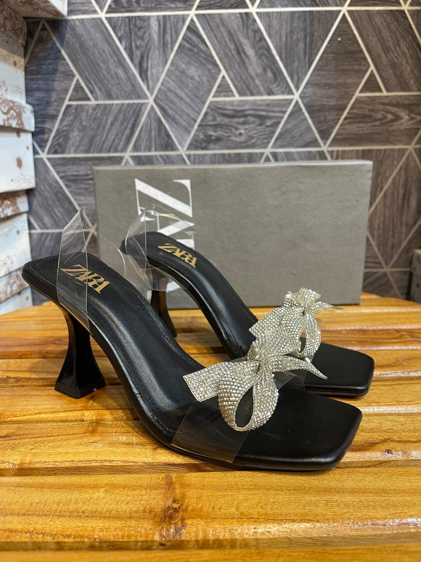 ZARA Transparent Heeled Sandals with Rhinestone Bow