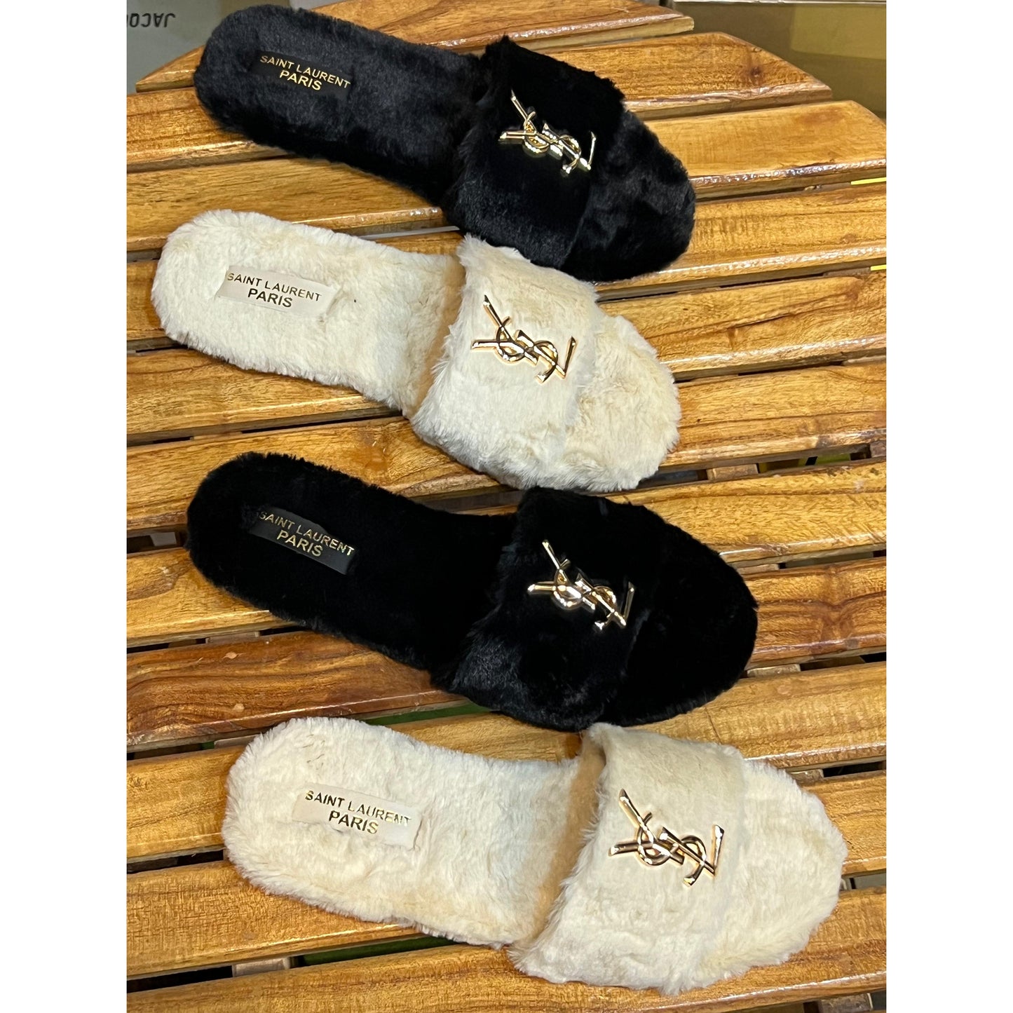 YSL Luxe Fur Flats with Brand Box